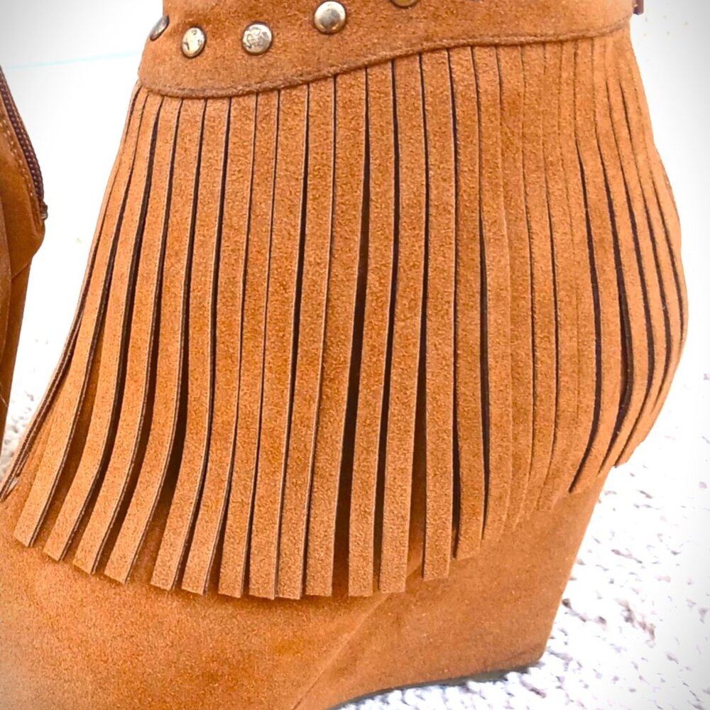 Adriana New York Cognac Suede Fringe Peep-Toe Wedge Booties - Picture 3 of 7